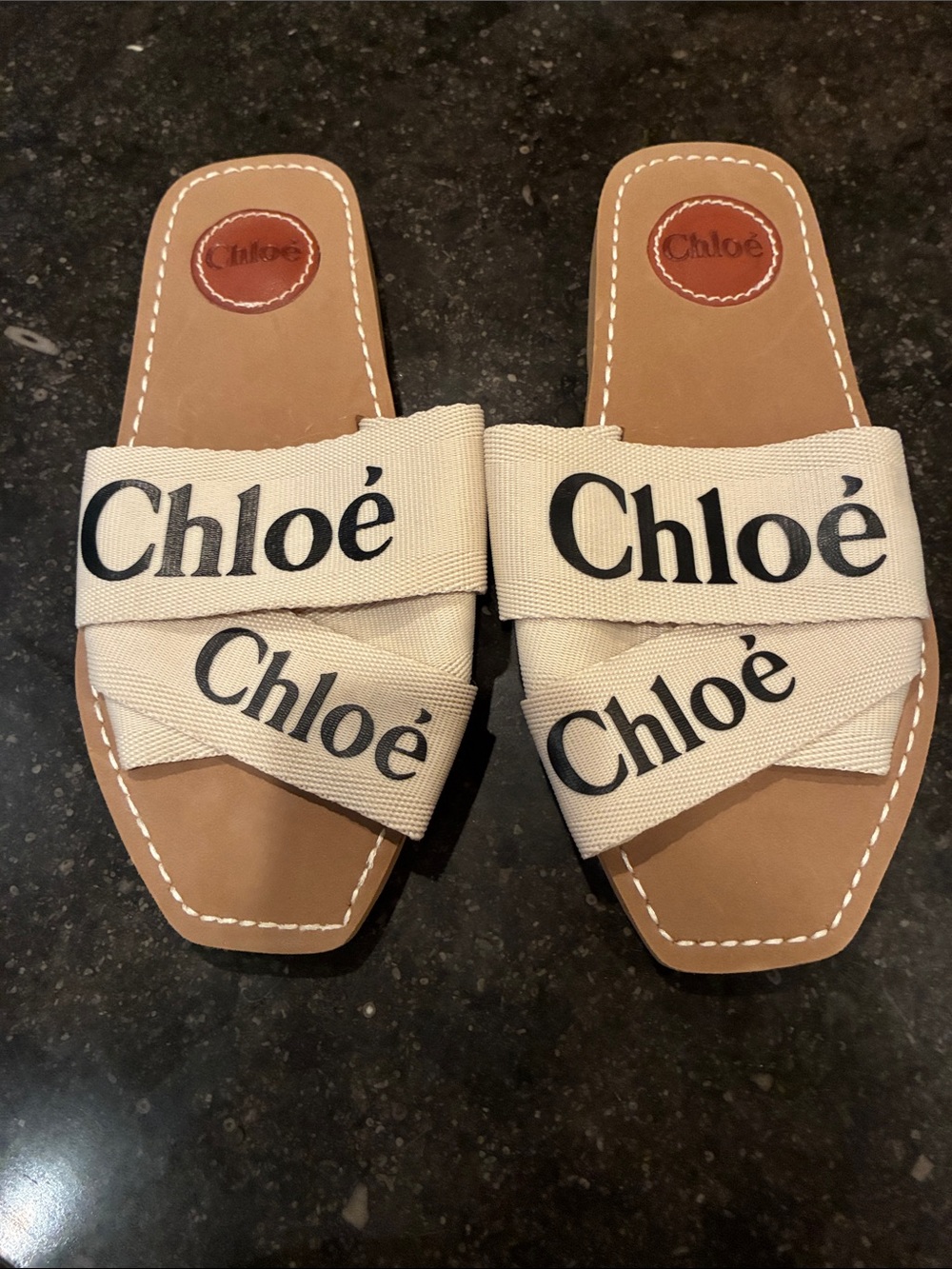 Chloé Beige Canvas Logo Cross-Strap Slide Sandals